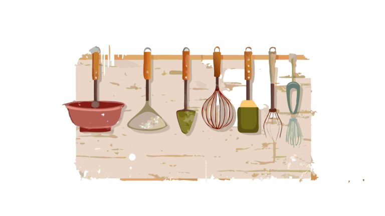 Hanging Kitchen Tools and Cookware on a Rustic Wall, vector design Generative AI