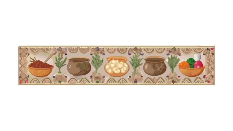 Harvest Basket Border with Autumn Fruits and Grains, vector design Generative AI