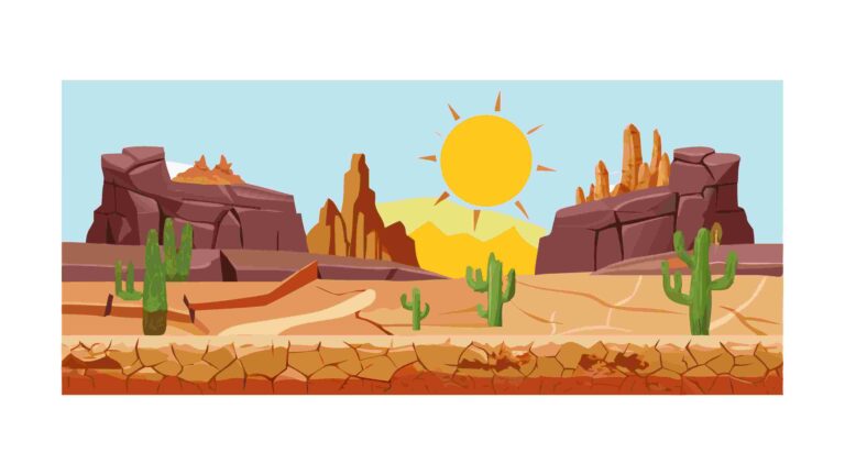 Scenic Desert Landscape Border with Isolated Cacti and Sun, vector design Generative AI