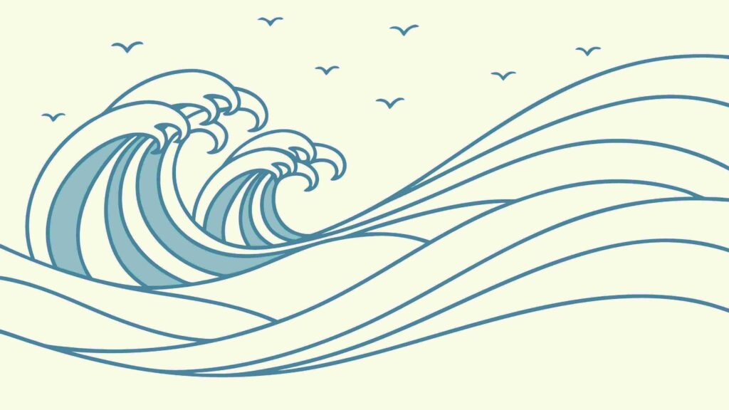 Powerful Ocean Wave and Flying Birds, Coastal Serenity, vector design Generative AI
