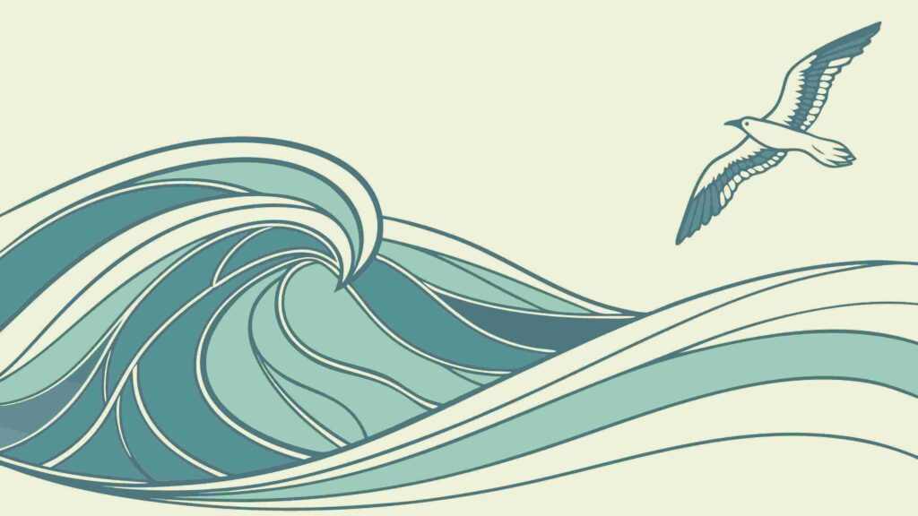 Dynamic Ocean Wave with Soaring Seagull, Marine Art, vector design Generative AI