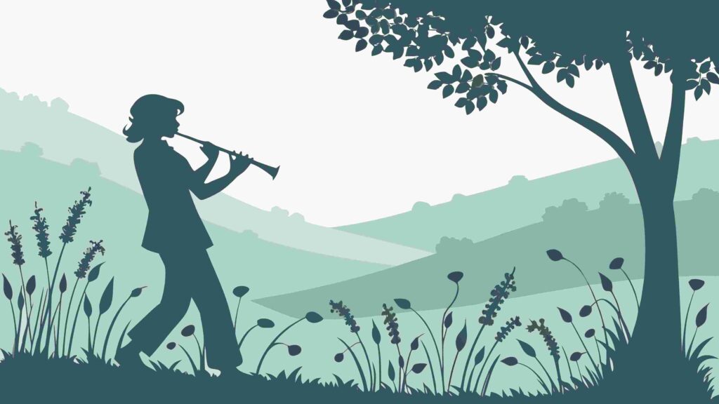 Person Playing Flute in Serene Nature Landscape, vector design Generative AI