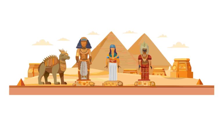 Ancient Egypt Pyramids and Sphinx Border with Pharaoh Figures, vector design Generative AI