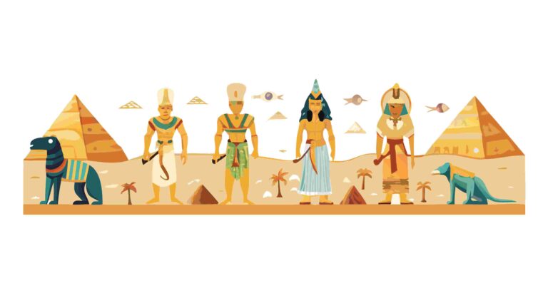 Egyptian Gods and Hieroglyphs Border with Desert Landscape, vector design Generative AI