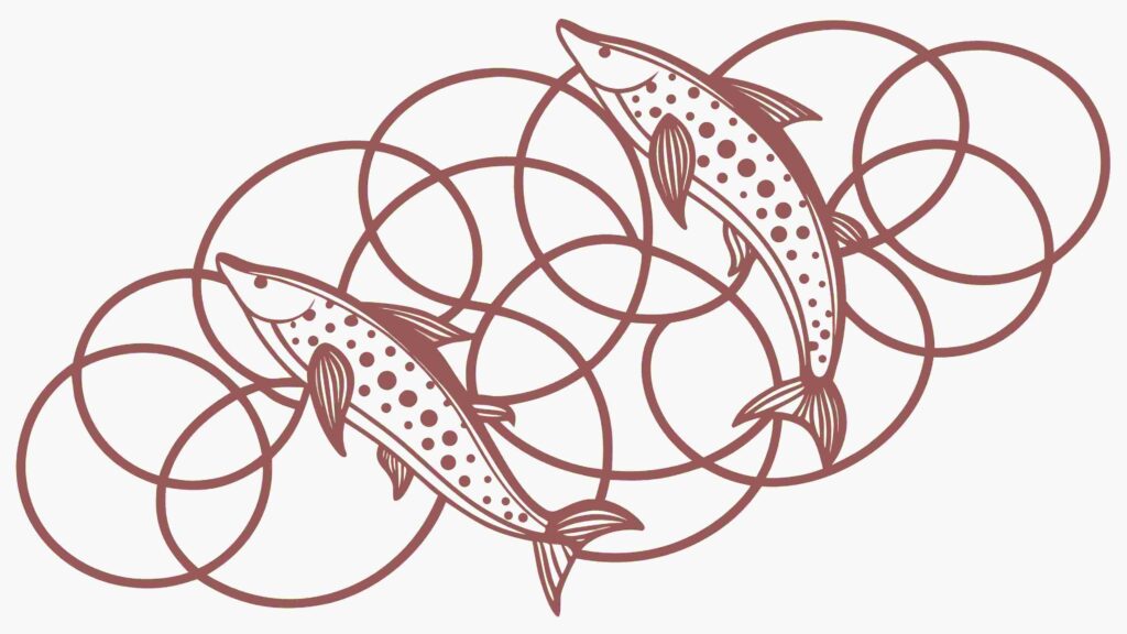 Two Dolphins Leaping with Abstract Ring Patterns, vector design Generative AI