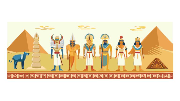 Mythological Egyptian Deities and Sacred Symbols Border, vector design Generative AI