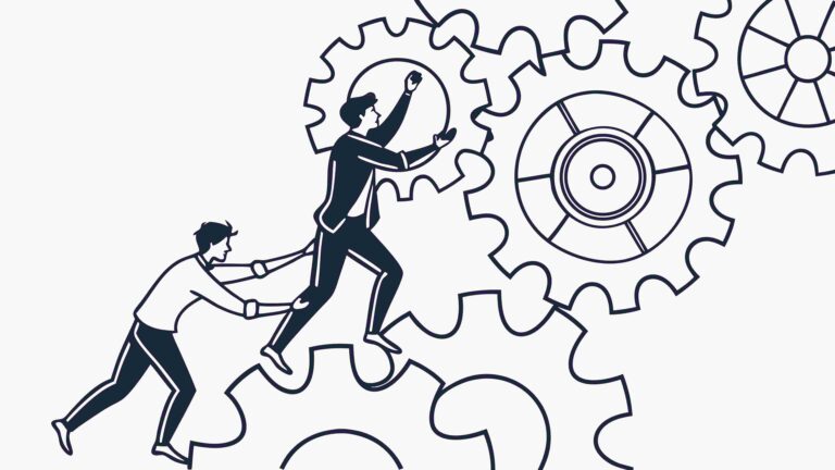 People Helping with Gears, Teamwork & Progress, vector design Generative AI