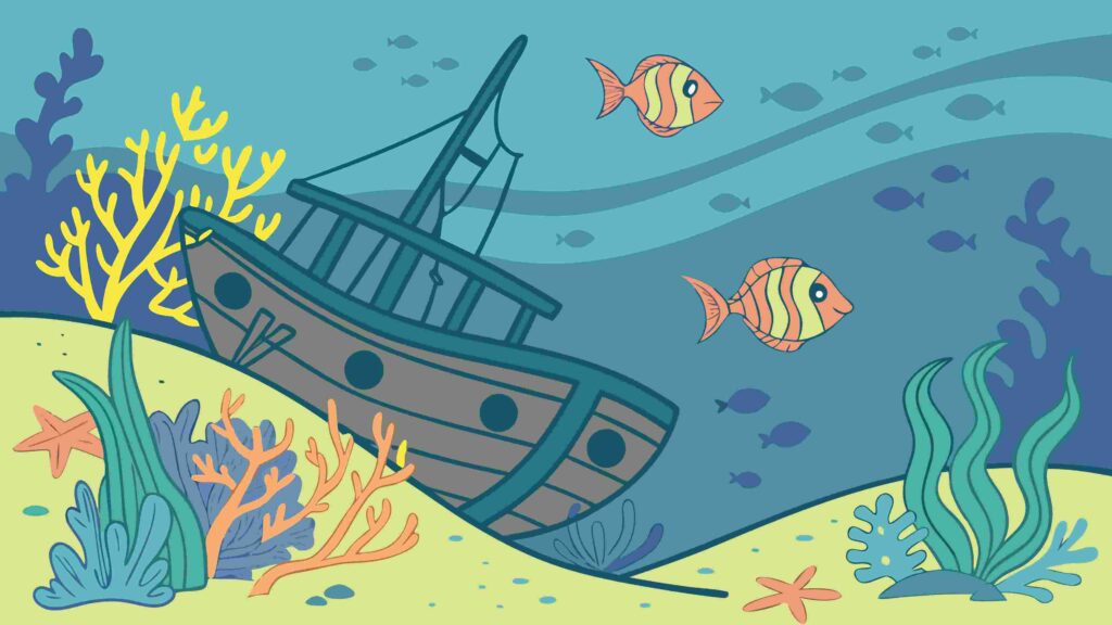 Sunken Shipwreck on Ocean Floor, Marine Ecosystem, vector design Generative AI