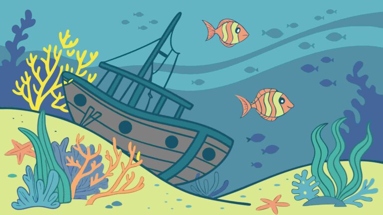 Sunken Shipwreck on Ocean Floor, Marine Ecosystem, vector design Generative AI