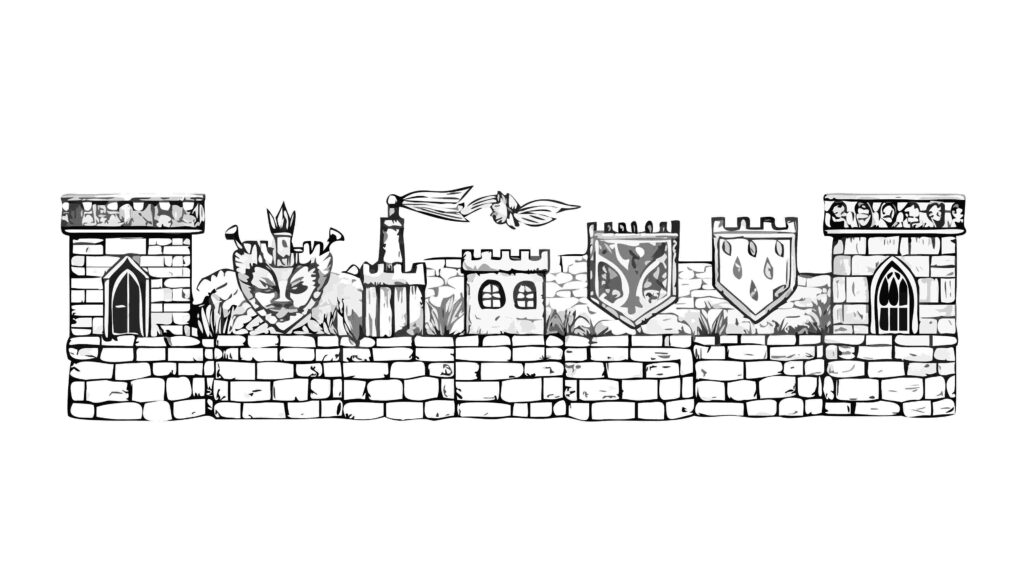 Medieval Castle Wall Border with Towers and Battlements, vector design Generative AI