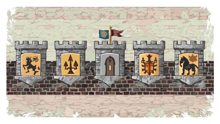 Medieval Castle Wall with Heraldic Shields and Lion Crests, vector design Generative AI