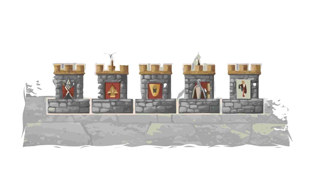 Row of Colorful Medieval Castle Towers with Flags, vector design Generative AI