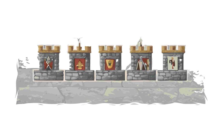 Row of Colorful Medieval Castle Towers with Flags, vector design Generative AI