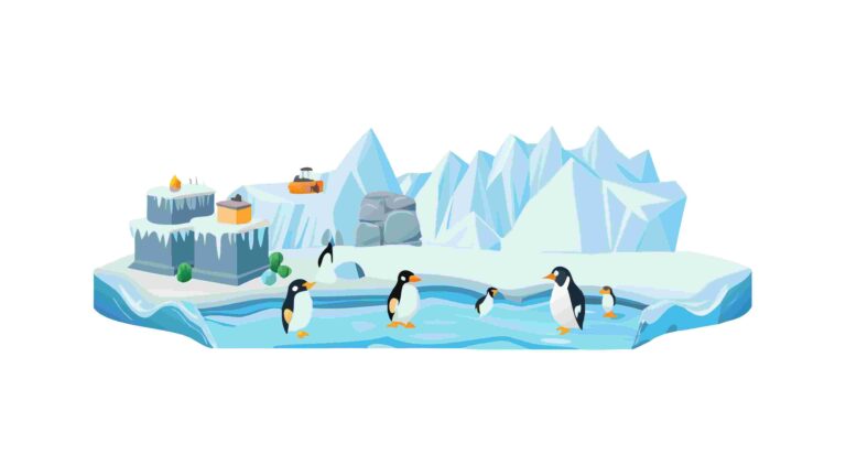 Antarctic Iceberg with Cute Penguins and Research Boat, vector design Generative AI