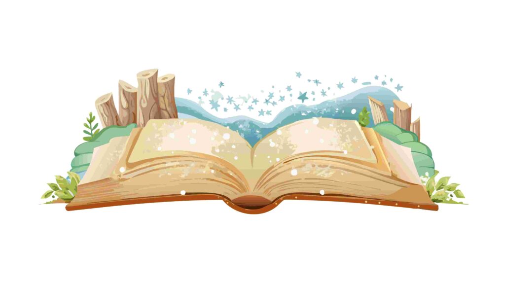 Fantasy Landscape Emerging from an Open Story Book, vector design Generative AI
