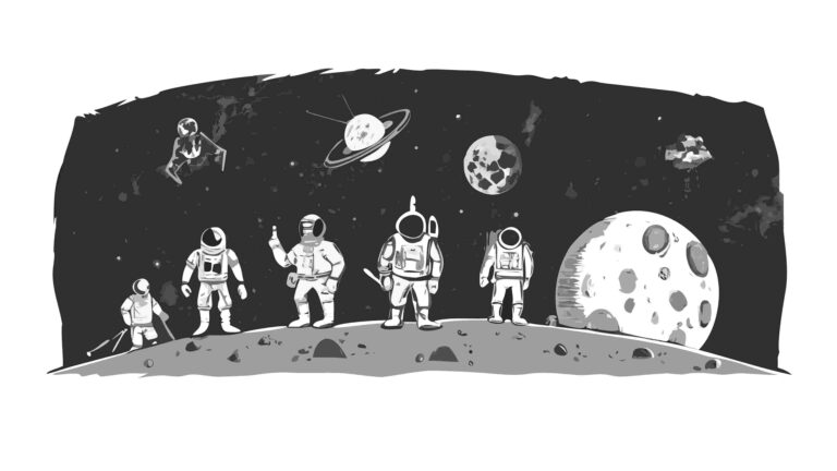 Astronauts on Moon with Cosmic Stars and Planets Border, vector design Generative AI
