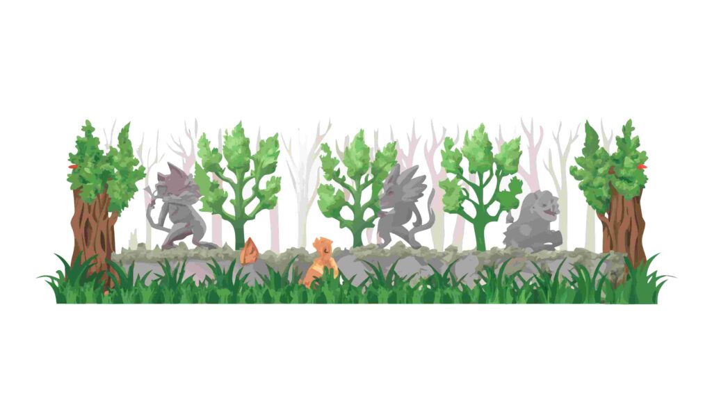Enchanted Forest Floor Border with Whimsical Little Monsters, vector design Generative AI