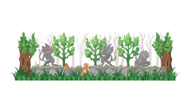 Enchanted Forest Floor Border with Whimsical Little Monsters, vector design Generative AI