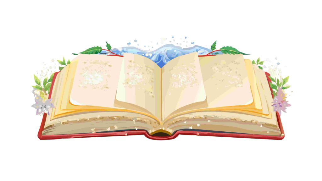 Detailed Forest Scene Emerging from an Open Story Book, vector design Generative AI