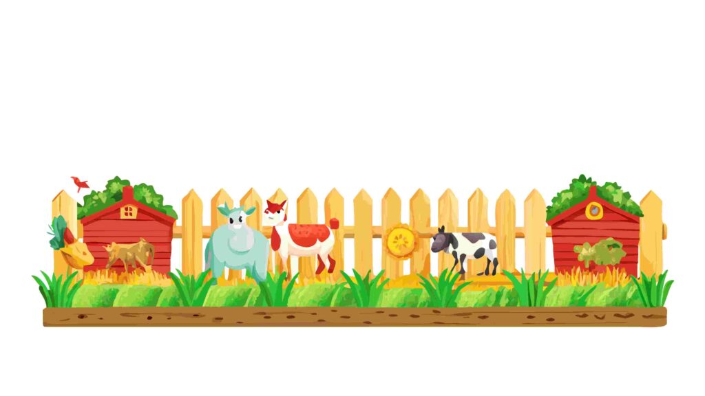 Idyllic Farm Scene Border with Animals and Red Barn, vector design Generative AI