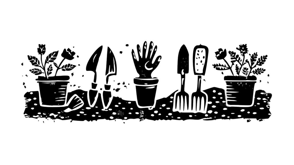 Silhouettes of Gardening Tools and Potted Plants, vector design Generative AI