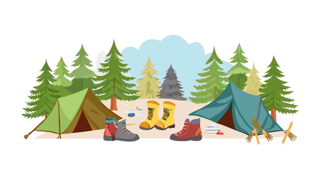 Scenic Camping Landscape Border with Tents and Mountains, vector design Generative AI