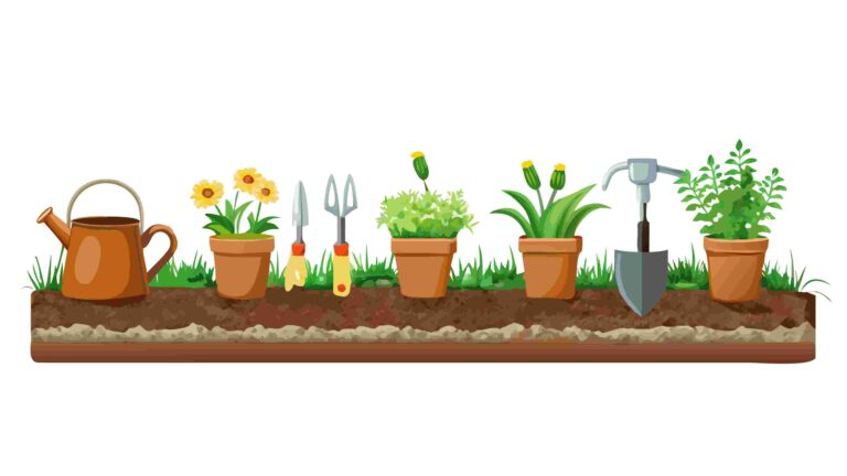 Garden Cultivation Scene with Plants and Tools, vector design Generative AI