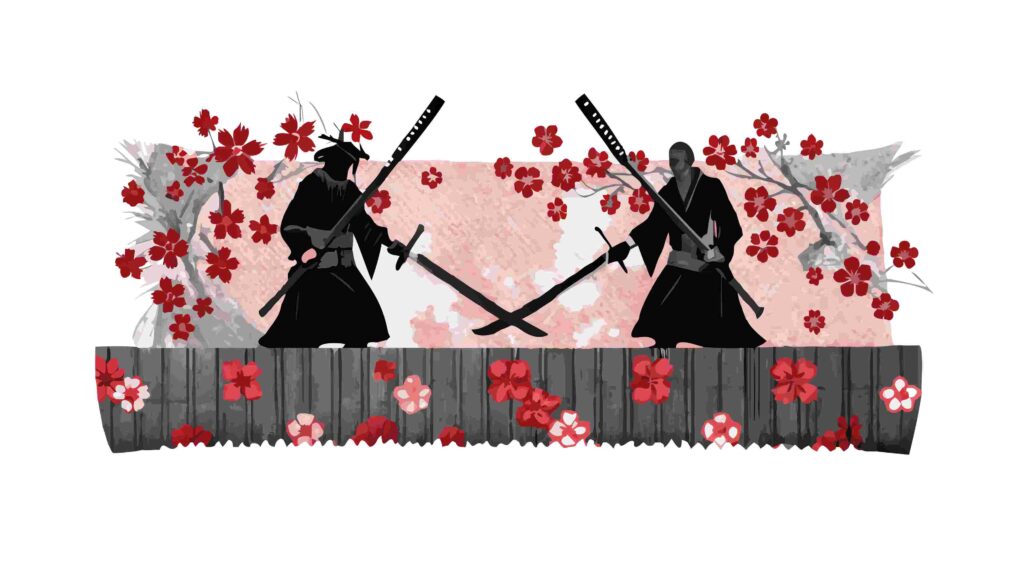 Dynamic Samurai Warriors Battle Scene in Traditional Art, vector design Generative AI