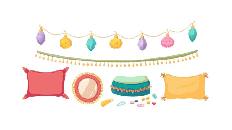 Festive Party Decorations Border with Garlands and Cushions, vector design Generative AI