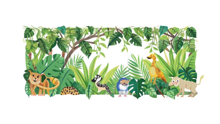 Hidden Animals in Lush Jungle Foliage Border, vector design Generative AI