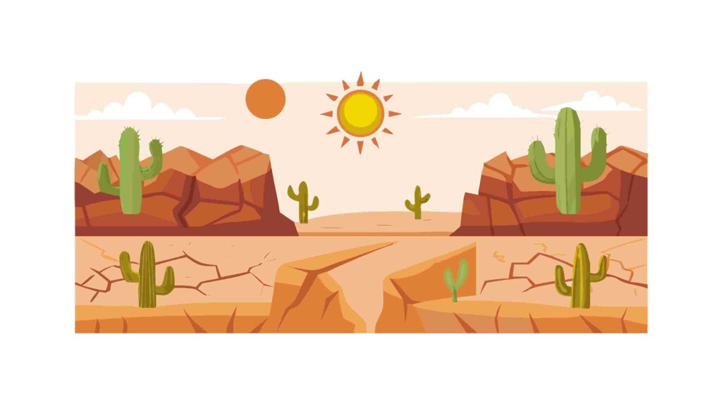 Arid Desert Landscape with Cacti and Bright Sun, vector design Generative AI