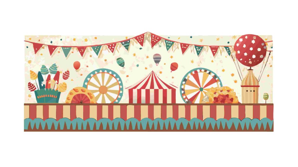 Colorful Circus Tent with Balloons and Flags Vector Illustration, vector design Generative AI