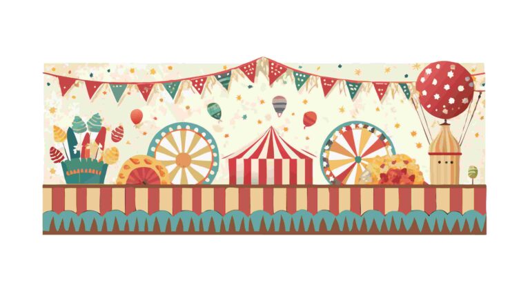 Colorful Circus Tent with Balloons and Flags Vector Illustration, vector design Generative AI