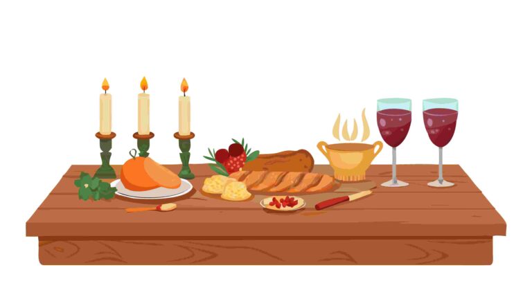 Festive Dinner Table with Food and Red Wine Glasses Vector Art, vector design Generative AI