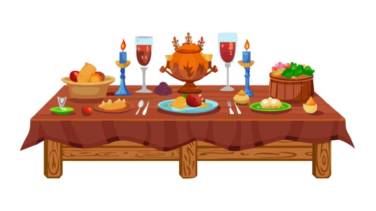 Elegant Dinner Table with Roasted Fish and Fruit Display, vector design Generative AI
