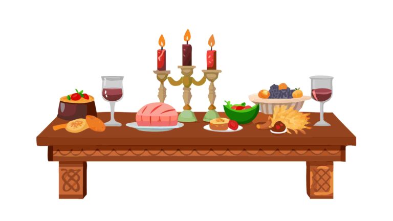 Grand Dinner Table with Meat Roast and Candlesticks, vector design Generative AI