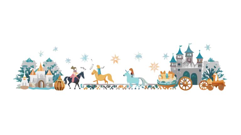 Enchanting Fantasy Village Border with Castles and Fairytale Creatures, vector design Generative AI