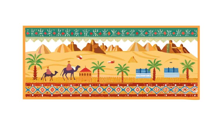 Desert Oasis with Palm Trees and Camels Vector Landscape Border, vector design Generative AI
