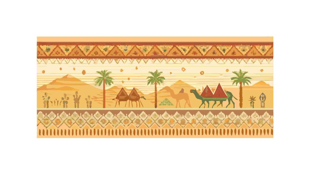 Traditional Desert Village Landscape with Palm Trees and Camels, vector design Generative AI