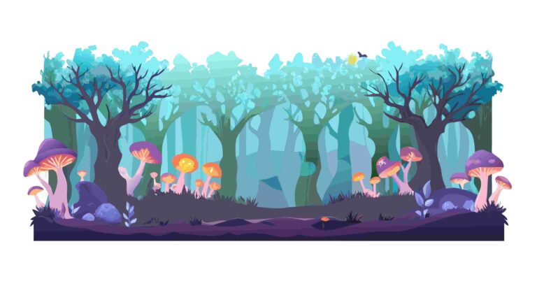Enchanted Magical Forest with Glowing Mushrooms Vector Scene, vector design Generative AI