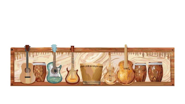 Rustic Wooden Shelf with Guitars and Drums Vector Illustration, vector design Generative AI