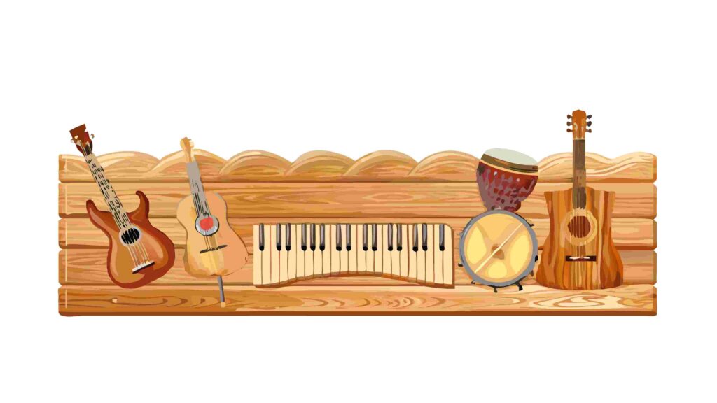 Musical Instruments on Wooden Shelf with Keyboard Vector Art, vector design Generative AI