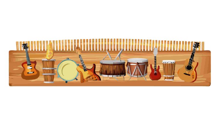 Assorted Musical Instruments on Wooden Shelf Vector Graphic, vector design Generative AI