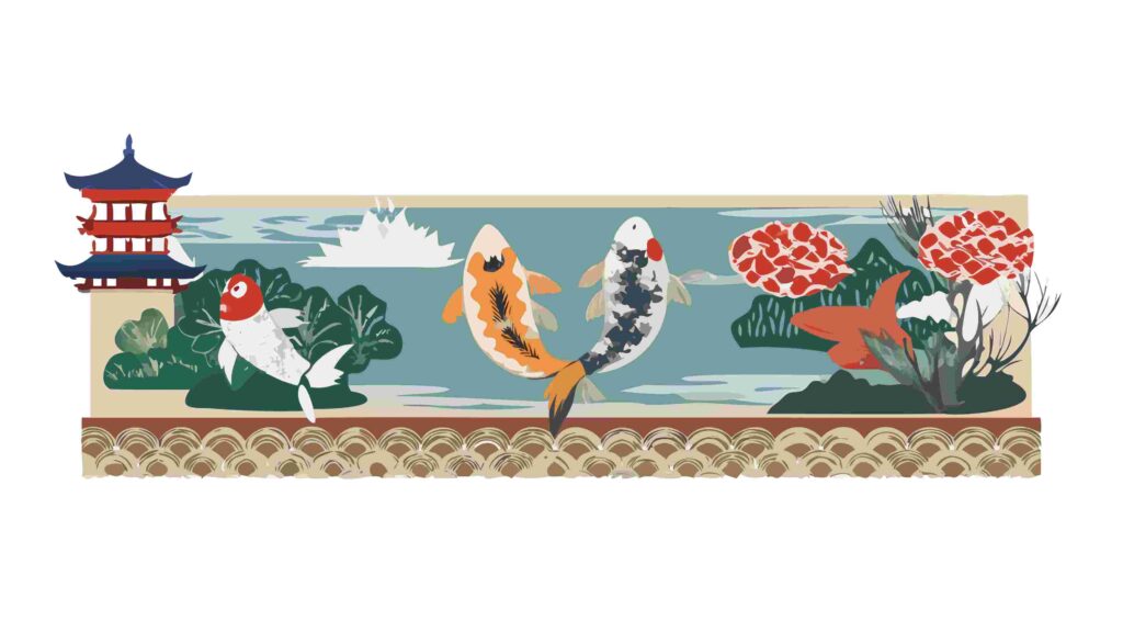 Serene Japanese Koi Fish and Bridge Landscape Vector Art, vector design Generative AI