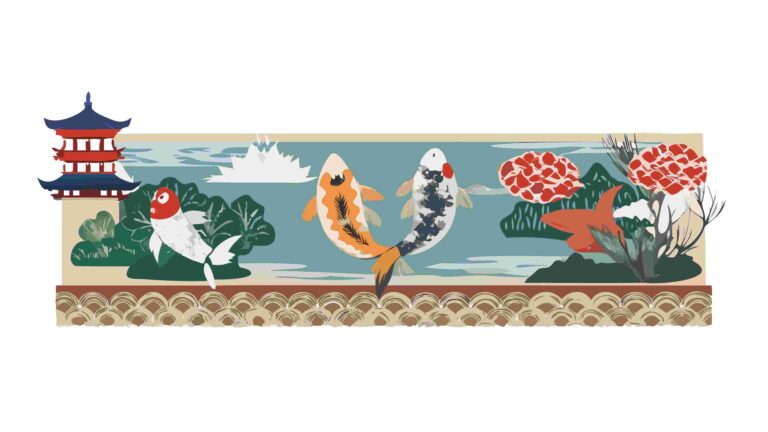 Serene Japanese Koi Fish and Bridge Landscape Vector Art, vector design Generative AI