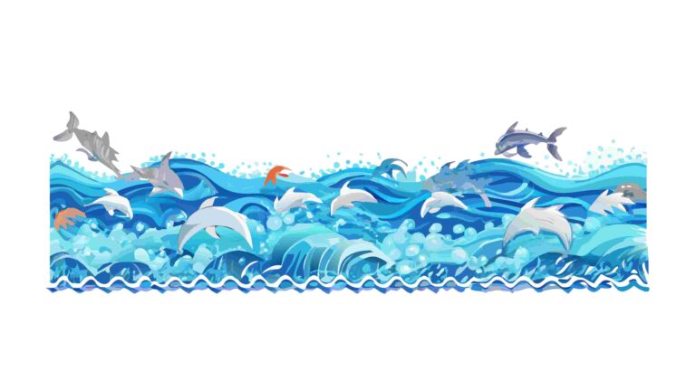 Stylized Ocean Waves with Dolphins and Sea Life Vector Design, vector design Generative AI