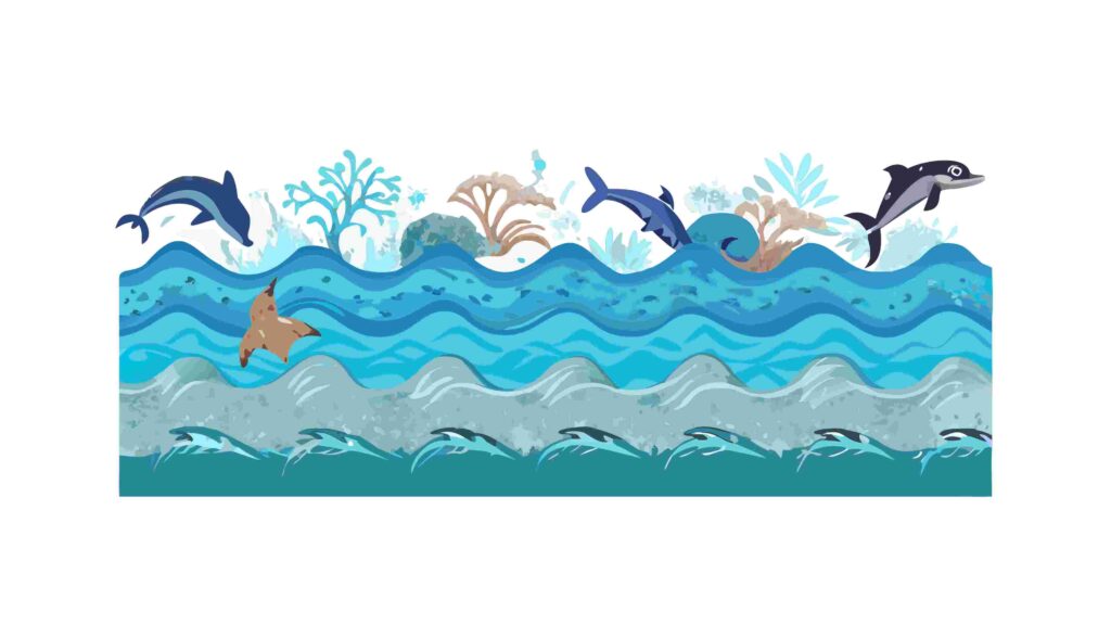 Lively Ocean Waves with Dolphins and Underwater Elements Vector, vector design Generative AI