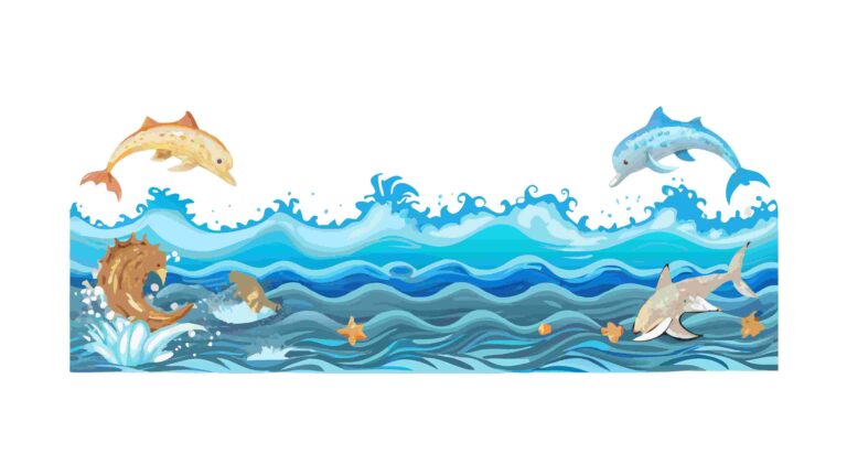 Dynamic Ocean Border with Leaping Dolphins and Sea Elements, vector design Generative AI