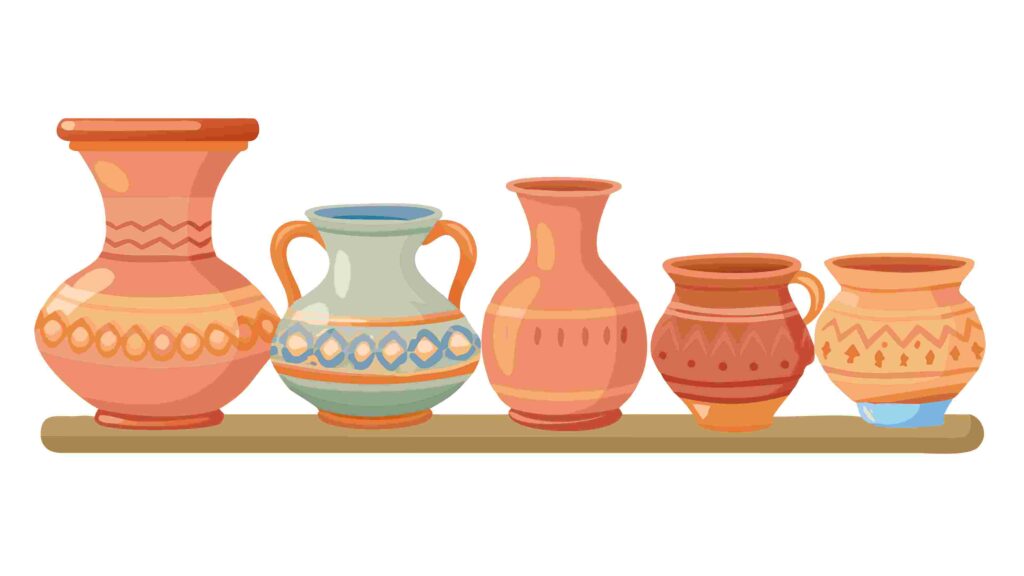 Earthenware Pottery Display on Rustic Shelf Vector Illustration, vector design Generative AI