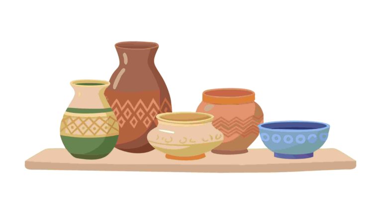 Diverse Pottery Collection on Wooden Shelf Vector Graphic, vector design Generative AI